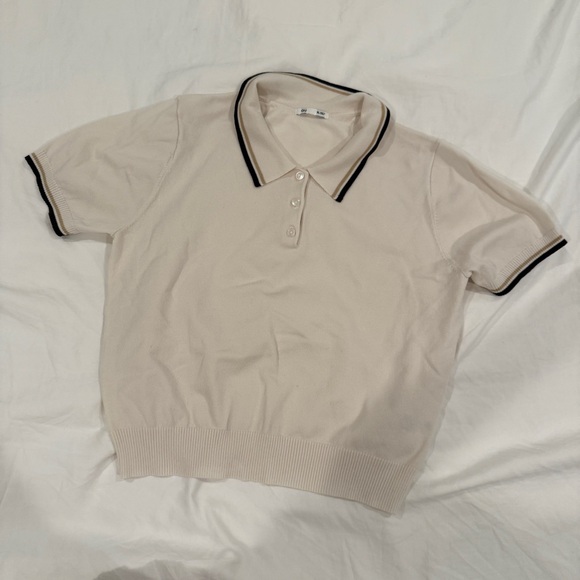 NWOT GU Washable Polo Sweater Off White XL Runs Small Fits M-L Uniqlo Brown Trim - Picture 1 of 9